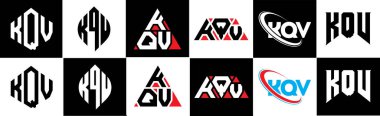 KQV harf logosu tasarımı altı stilde. KQV çokgeni, çember, üçgen, altıgen, düz ve basit stil, siyah ve beyaz renk varyasyon harfi logosu bir sanat tahtasında. KQV minimalist ve klasik logo