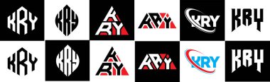 KRY harf logosu tasarımı altı stil. KRY çokgeni, çember, üçgen, altıgen, düz ve basit stil, siyah ve beyaz renk varyasyon harfi logosu bir sanat tahtasında. KRY minimalist ve klasik logo