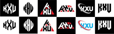 KXU harf logosu tasarımında altı stil var. KXU çokgeni, çember, üçgen, altıgen, düz ve basit stil, siyah ve beyaz renk varyasyon harfi logosu bir sanat tahtasında. KXU minimalist ve klasik logo