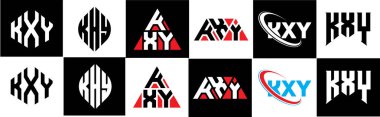 KXY letter logo design in six style. KXY polygon, circle, triangle, hexagon, flat and simple style with black and white color variation letter logo set in one artboard. KXY minimalist and classic logo