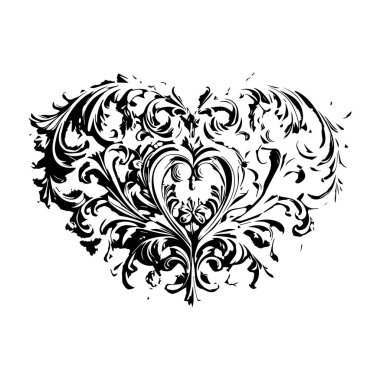 Zarif Aşk Kalbi Tasarımı Karmaşık Flütler ve Romantik Girdaplar, Süslü Kalp desenleri, Zarif Adorantlar ve Sanatsal Güzellik ile Sembolize Edilmiş Zamansız Aşk ve Tutku İçin Mükemmel