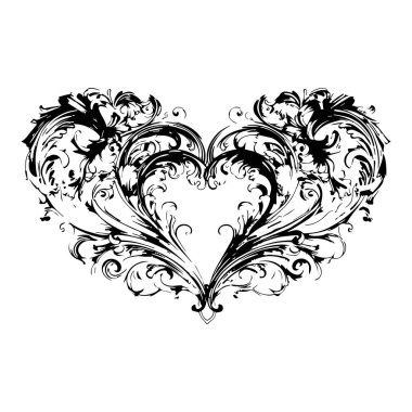 Zarif Aşk Kalbi Tasarımı Karmaşık Flütler ve Romantik Girdaplar, Süslü Kalp desenleri, Zarif Adorantlar ve Sanatsal Güzellik ile Sembolize Edilmiş Zamansız Aşk ve Tutku İçin Mükemmel