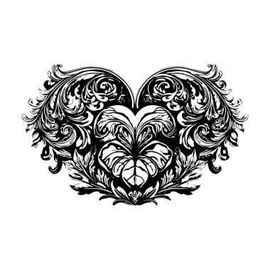 Zarif Aşk Kalbi Tasarımı Karmaşık Flütler ve Romantik Girdaplar, Süslü Kalp desenleri, Zarif Adorantlar ve Sanatsal Güzellik ile Sembolize Edilmiş Zamansız Aşk ve Tutku İçin Mükemmel