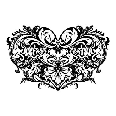 Zarif Aşk Kalbi Tasarımı Karmaşık Flütler ve Romantik Girdaplar, Süslü Kalp desenleri, Zarif Adorantlar ve Sanatsal Güzellik ile Sembolize Edilmiş Zamansız Aşk ve Tutku İçin Mükemmel