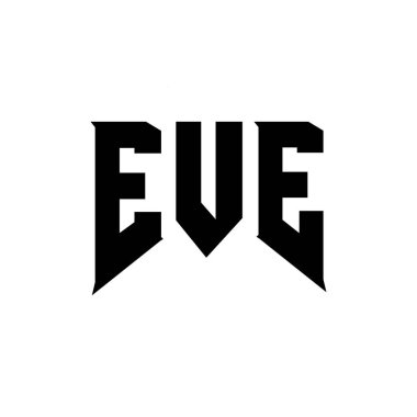 Teknoloji şirketi için EVE mektup logosu tasarımı. EVE logo tasarımı siyah ve beyaz renk kombinasyonu. EVE logosu, EVE vektörü, EVE tasarımı, EVE simgesi, EVE alfabesi. EVE tipografi logosu tasarımı