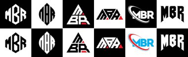 MBR harfi logo tasarımı altı stilde. MBR çokgeni, çember, üçgen, altıgen, düz ve basit stil, siyah ve beyaz renk varyasyon harfi logosu bir sanat tahtasında. MBR minimalist ve klasik günlük kaydı