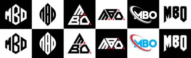 MBO harfi logo tasarımının altı stili var. MBO çokgeni, çember, üçgen, altıgen, düz ve basit stil siyah ve beyaz renk varyasyon harfi logosu bir sanat tahtasında. MBO minimalist ve klasik günlük kaydı