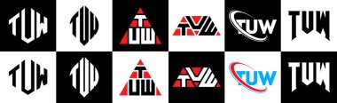 Altı stili TUW harf logosu tasarımı. TUW çokgen, çember, üçgen, altıgen, düz ve basit stil siyah ve beyaz renk varyasyon harfi logosu bir sanat tahtasında. TUW minimalist ve klasik günlük kaydı