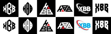 XBB harfli logo tasarımı altı stilde. XBB çokgeni, çember, üçgen, altıgen, düz ve basit stil, siyah ve beyaz renk varyasyon harfi logosu bir sanat tahtasında. XBB minimalist ve klasik günlük kaydı