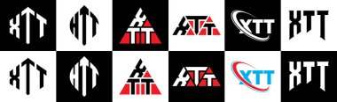 XTT harf logosu altı stili tasarlanmış. XTT çokgeni, çember, üçgen, altıgen, düz ve basit stil siyah ve beyaz renk varyasyon harfi logosu bir sanat tahtasında. XTT minimalist ve klasik günlük kaydı