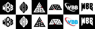 WBB harfli logo tasarımı altı stil. WBB çokgeni, çember, üçgen, altıgen, düz ve basit stil, siyah ve beyaz renk varyasyon harfi logosu bir sanat tahtasında. WBB minimalist ve klasik günlük kaydı