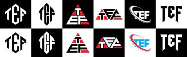 TEF harfi logo tasarımı altı stilde. TEF çokgeni, çember, üçgen, altıgen, düz ve basit stil, siyah ve beyaz renk varyasyon harfi logosu bir sanat tahtasında. TEF minimalist ve klasik günlük kaydı
