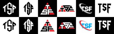 TSF harf logosu tasarımı, altı tarzda. TSF çokgeni, çember, üçgen, altıgen, düz ve basit stil siyah ve beyaz renk varyasyon harfi logosu bir sanat tahtasında. TSF minimalist ve klasik günlük kaydı