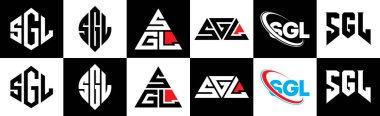 SGL harf logosu tasarımı altı stilde. SGL çokgeni, çember, üçgen, altıgen, düz ve basit stil, siyah ve beyaz renk varyasyon harfi logosu bir sanat tahtasında. SGL minimalist ve klasik günlük kaydı