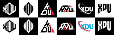 XDU harf logosu tasarımı altı stil. XDU çokgeni, çember, üçgen, altıgen, düz ve basit stil siyah ve beyaz renk varyasyon harfi logosu bir sanat tahtasında. XDU minimalist ve klasik günlük kaydı