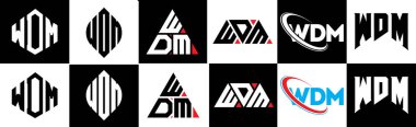 WDM harf logosu tasarımı altı stil. WDM çokgeni, çember, üçgen, altıgen, düz ve basit stil, siyah ve beyaz renk varyasyon harfi logosu bir sanat tahtasında. WDM minimalist ve klasik günlük kaydı