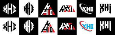 XHI harf logosu tasarımı altı stil. XHI çokgen, çember, üçgen, altıgen, düz ve basit stil siyah ve beyaz renk varyasyon harfi logosu bir sanat tahtasında. XHI minimalist ve klasik günlük kaydı