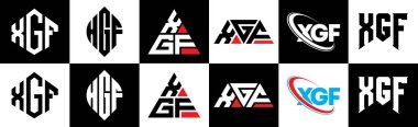 XGF harf logosu 6 stili tasarlanmış. XGF çokgeni, çember, üçgen, altıgen, düz ve basit stil, siyah ve beyaz renk varyasyon harfi logosu bir sanat tahtasında. XGF minimalist ve klasik günlük kaydı