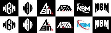 NBM harfli logo tasarımı altı stil. NBM çokgen, çember, üçgen, altıgen, düz ve basit stil, siyah ve beyaz renk varyasyon harfi logosu bir sanat tahtasında. NBM minimalist ve klasik günlük kaydı