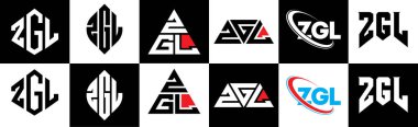 ZGL harf logosu tasarımı altı stilde. ZGL çokgeni, çember, üçgen, altıgen, düz ve basit stil siyah ve beyaz renk varyasyon harfi logosu bir sanat tahtasında. ZGL minimalist ve klasik günlük kaydı