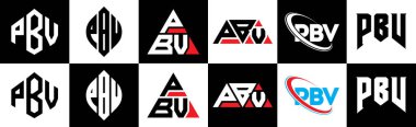 PBV harfli logo tasarımı. Altı stili. PBV çokgeni, çember, üçgen, altıgen, düz ve basit stil siyah ve beyaz renk varyasyon harfi logosu bir sanat tahtasında. PBV minimalist ve klasik günlük kaydı
