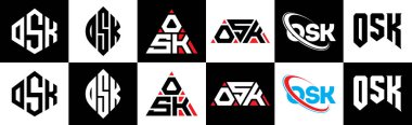 OSK harf logosu tasarımı altı stilde. OSK çokgeni, çember, üçgen, altıgen, düz ve basit stil, siyah ve beyaz renk varyasyon harfi logosu bir sanat tahtasında. OSK minimalist ve klasik günlük kaydı