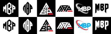 MBP harf logosu tasarımı altı stilde. MBP çokgeni, çember, üçgen, altıgen, düz ve basit stil, siyah ve beyaz renk varyasyon harfi logosu bir sanat tahtasında. MBP minimalist ve klasik günlük kaydı
