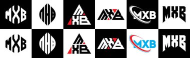 MXB harfli logo tasarımı altı stilde. MXB çokgen, çember, üçgen, altıgen, düz ve basit stil siyah ve beyaz renk varyasyon harfi logosu bir sanat tahtasında. MXB minimalist ve klasik günlük kaydı