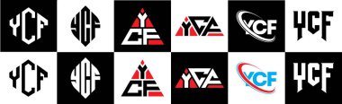 YCF harf logosu tasarımı altı stil. YCF çokgeni, çember, üçgen, altıgen, düz ve basit stil, siyah ve beyaz renk varyasyon harfi logosu bir sanat tahtasında. YCF minimalist ve klasik günlük kaydı