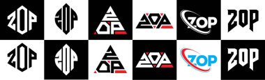ZOP harf logosu altı stili tasarlanmış. ZOP çokgeni, çember, üçgen, altıgen, düz ve basit stil siyah ve beyaz renk varyasyon harfi logosu bir sanat tahtasında. ZOP minimalist ve klasik günlük kaydı