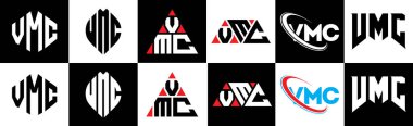 VMC harf logosu tasarımı altı stil. VMC çokgen, çember, üçgen, altıgen, düz ve basit stil siyah ve beyaz renk varyasyon harfi logosu bir sanat tahtasında. VMC minimalist ve klasik günlük kaydı