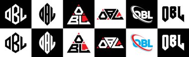 OBL harf logosu tasarımı altı stil. OBL çokgeni, çember, üçgen, altıgen, düz ve basit stil siyah ve beyaz renk varyasyon harfi logosu bir sanat tahtasında. OBL minimalist ve klasik günlük kaydı