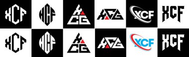XCF harf logosu 6 stili tasarlanmış. XCF çokgeni, çember, üçgen, altıgen, düz ve basit stil, siyah ve beyaz renk varyasyon harfi logosu bir sanat tahtasında. XCF minimalist ve klasik günlük kaydı