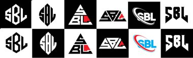 SBL harf logosu tasarımı altı stilde. SBL çokgeni, çember, üçgen, altıgen, düz ve basit stil siyah ve beyaz renk varyasyon harfi logosu bir sanat tahtasında. SBL minimalist ve klasik günlük kaydı