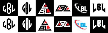 LBL harf logosu tasarımı altı stilde. LBL çokgeni, çember, üçgen, altıgen, düz ve basit stil siyah ve beyaz renk varyasyon harfi logosu bir sanat tahtasında. LBL minimalist ve klasik logo