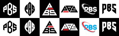 PBS harfli logo tasarımı. Altı stili. PBS çokgeni, çember, üçgen, altıgen, düz ve basit stil, siyah ve beyaz renk varyasyon harfi logosu bir sanat tahtasında. PBS minimalist ve klasik günlük kaydı