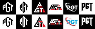 PGT harf logosu tasarımı altı stil. PGT çokgeni, çember, üçgen, altıgen, düz ve basit stil siyah ve beyaz renk varyasyon harfi logosu bir sanat tahtasında. PGT minimalist ve klasik günlük kaydı