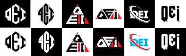 QEI harf logosu tasarımı altı stilde. QEI çokgeni, çember, üçgen, altıgen, düz ve basit stil siyah ve beyaz renk varyasyon harfi logosu bir sanat tahtasında. QEI minimalist ve klasik günlük kaydı