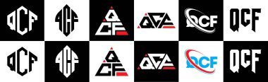QCF harf logosu tasarımı altı stilde. QCF çokgeni, çember, üçgen, altıgen, düz ve basit stil, siyah ve beyaz renk varyasyon harfi logosu bir sanat tahtasında. QCF minimalist ve klasik günlük kaydı