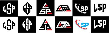 LSP harf logosu tasarımı altı stilde. LSP çokgeni, çember, üçgen, altıgen, düz ve basit stil, siyah ve beyaz renk varyasyon harfi logosu bir sanat tahtasında. LSP minimalist ve klasik logo