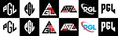 PGL harf logosu tasarımı altı stil. PGL çokgeni, çember, üçgen, altıgen, düz ve basit stil siyah ve beyaz renk varyasyon harfi logosu bir sanat tahtasında. PGL minimalist ve klasik günlük kaydı