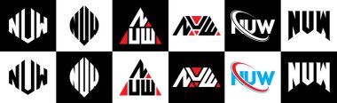 Altı stili NUW harf logosu tasarımı. NUW çokgeni, çember, üçgen, altıgen, düz ve basit stil siyah ve beyaz renk varyasyon harfi logosu bir sanat tahtasında. NUW minimalist ve klasik günlük kaydı