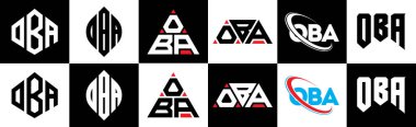 OBA harfli logo tasarımı. Altı stili. OBA çokgeni, çember, üçgen, altıgen, düz ve basit stil, siyah ve beyaz renk varyasyon harfi logosu bir sanat tahtasında. OBA minimalist ve klasik günlük kaydı