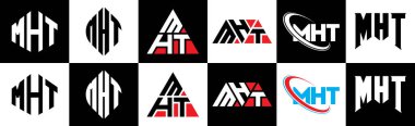 MHT harf logosu tasarımı altı stil. MHT çokgen, çember, üçgen, altıgen, düz ve basit stil siyah ve beyaz renk varyasyon harfi logosu bir sanat tahtasında. MHT minimalist ve klasik günlük kaydı