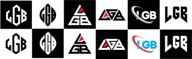 LGB harf logosu tasarımı altı stil. LGB çokgeni, çember, üçgen, altıgen, düz ve basit stil, siyah ve beyaz renk varyasyon harfi logosu bir sanat tahtasında. LGB minimalist ve klasik logo