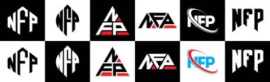 NFP harf logosu tasarımı altı stil. NFP çokgeni, çember, üçgen, altıgen, düz ve basit stil siyah ve beyaz renk varyasyon harfi logosu bir sanat tahtasında. NFP minimalist ve klasik günlük kaydı