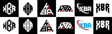 XBR harf logosu altı stili tasarlanmış. XBR çokgeni, çember, üçgen, altıgen, düz ve basit stil siyah ve beyaz renk varyasyon harfi logosu bir sanat tahtasında. XBR minimalist ve klasik günlük kaydı