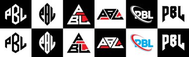 PBL harf logosu tasarımı altı stilde. PBL çokgeni, çember, üçgen, altıgen, düz ve basit stil siyah ve beyaz renk varyasyon harfi logosu bir sanat tahtasında. PBL minimalist ve klasik günlük kaydı