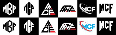 MCF harf logosu tasarımı altı stil. MCF çokgeni, çember, üçgen, altıgen, düz ve basit stil, siyah ve beyaz renk varyasyon harfi logosu bir sanat tahtasında. MCF minimalist ve klasik günlük kaydı