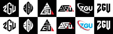 ZGU harf logosu tasarımı. Altı stili. ZGU çokgeni, çember, üçgen, altıgen, düz ve basit stil siyah ve beyaz renk varyasyon harfi logosu bir sanat tahtasında. ZGU minimalist ve klasik günlük kaydı